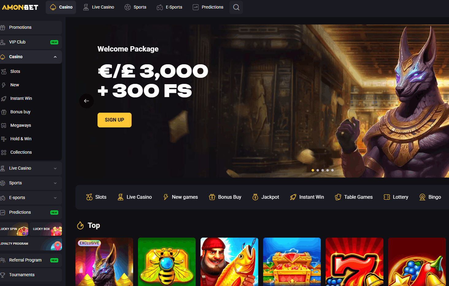 AmonBet Casino – Bónus de boas-vindas de 250% até €3.000 + 300 rodadas grátis